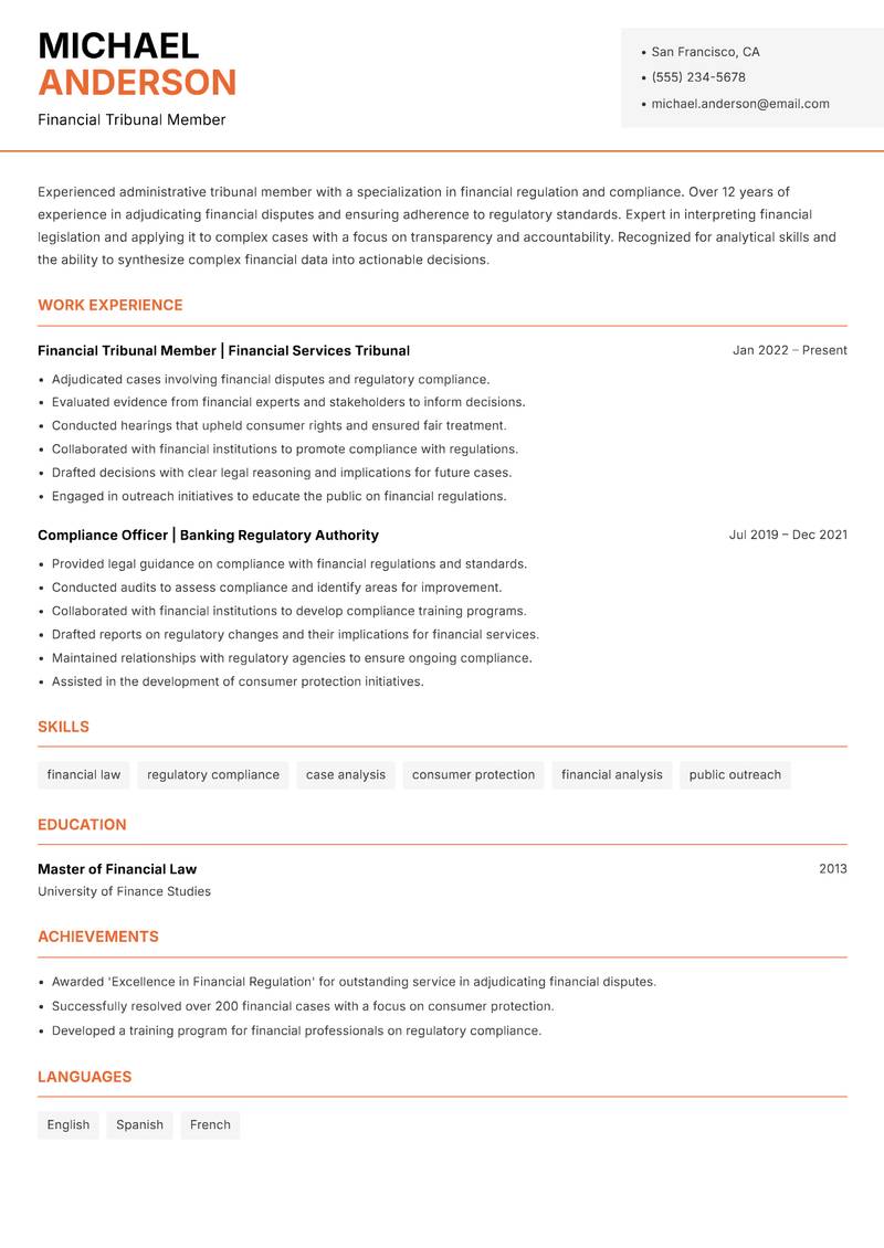 Administrative Tribunal Member resume template — Modern Professional