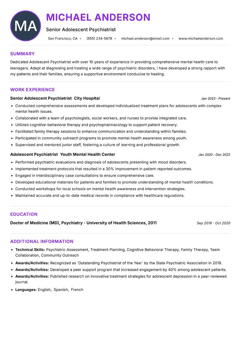 Adolescent Psychiatrist resume example — ATS-friendly template