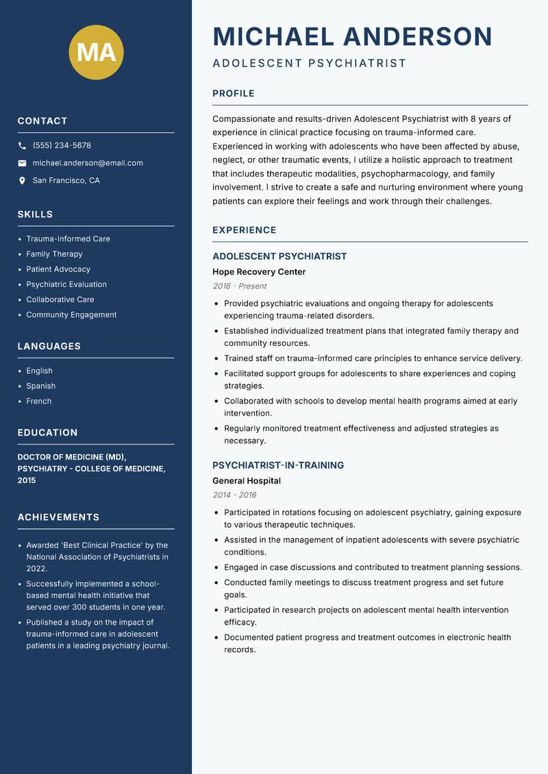 Adolescent Psychiatrist resume template — Classic Clean