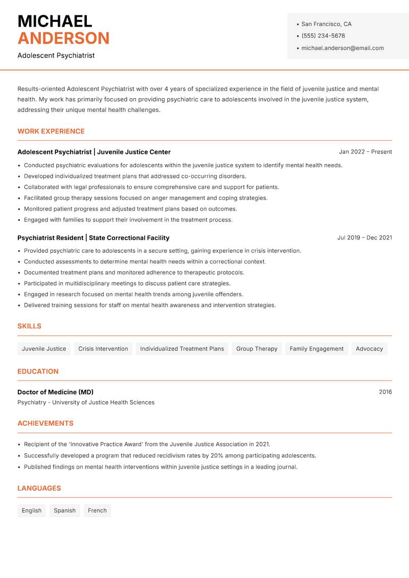 Adolescent Psychiatrist resume template — Modern Professional