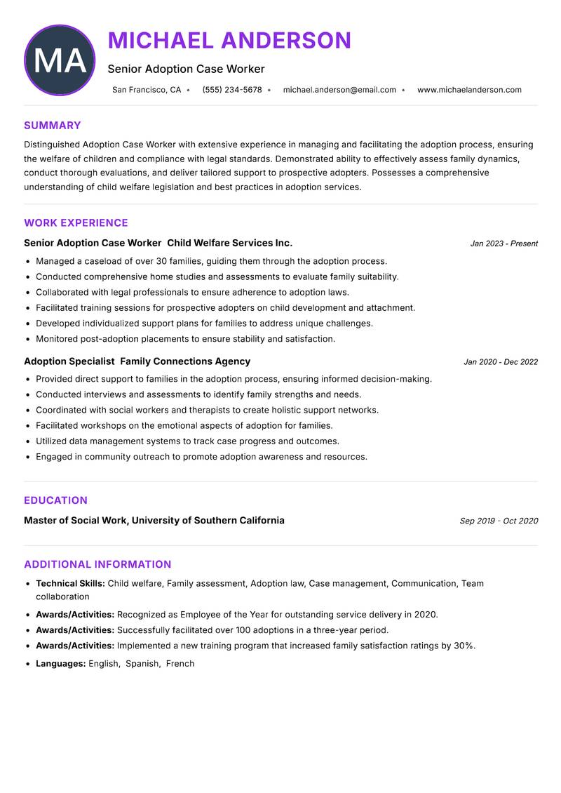 Adoption Case Worker resume example — Child Welfare