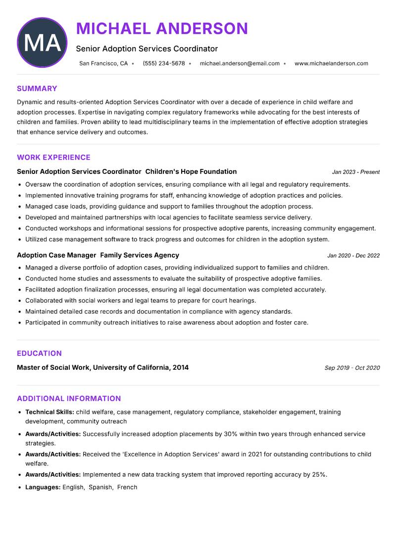 Adoption Services Coordinator resume example — ATS-friendly template