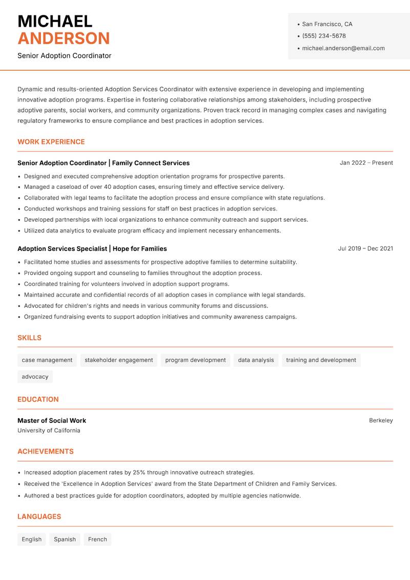 Adoption Services Coordinator resume template — Modern Professional