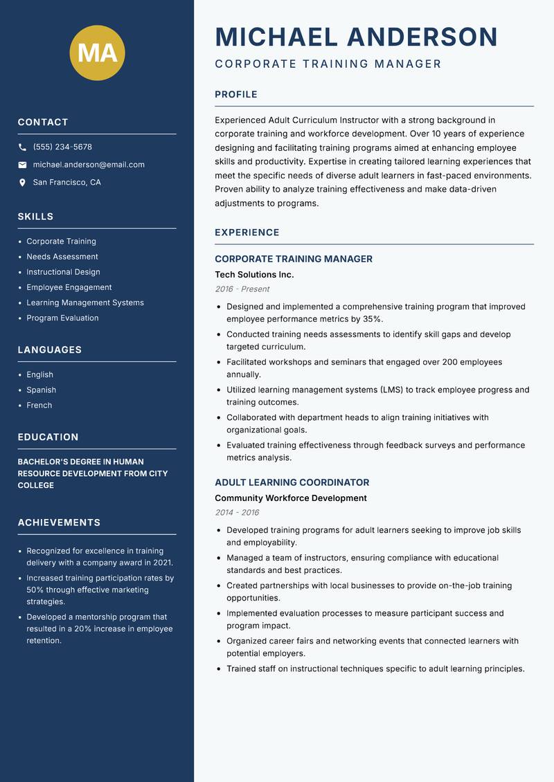 Adult Curriculum Instructor resume template — Classic Clean