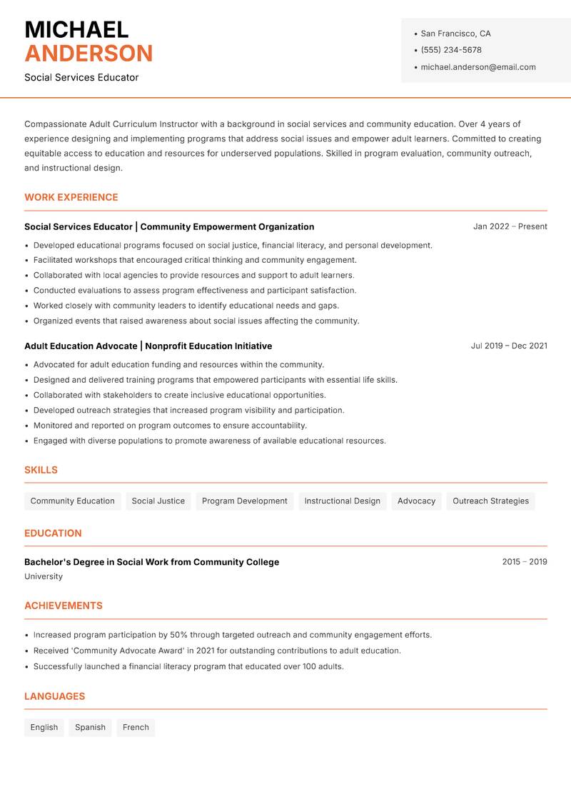 Adult Curriculum Instructor resume template — Modern Professional