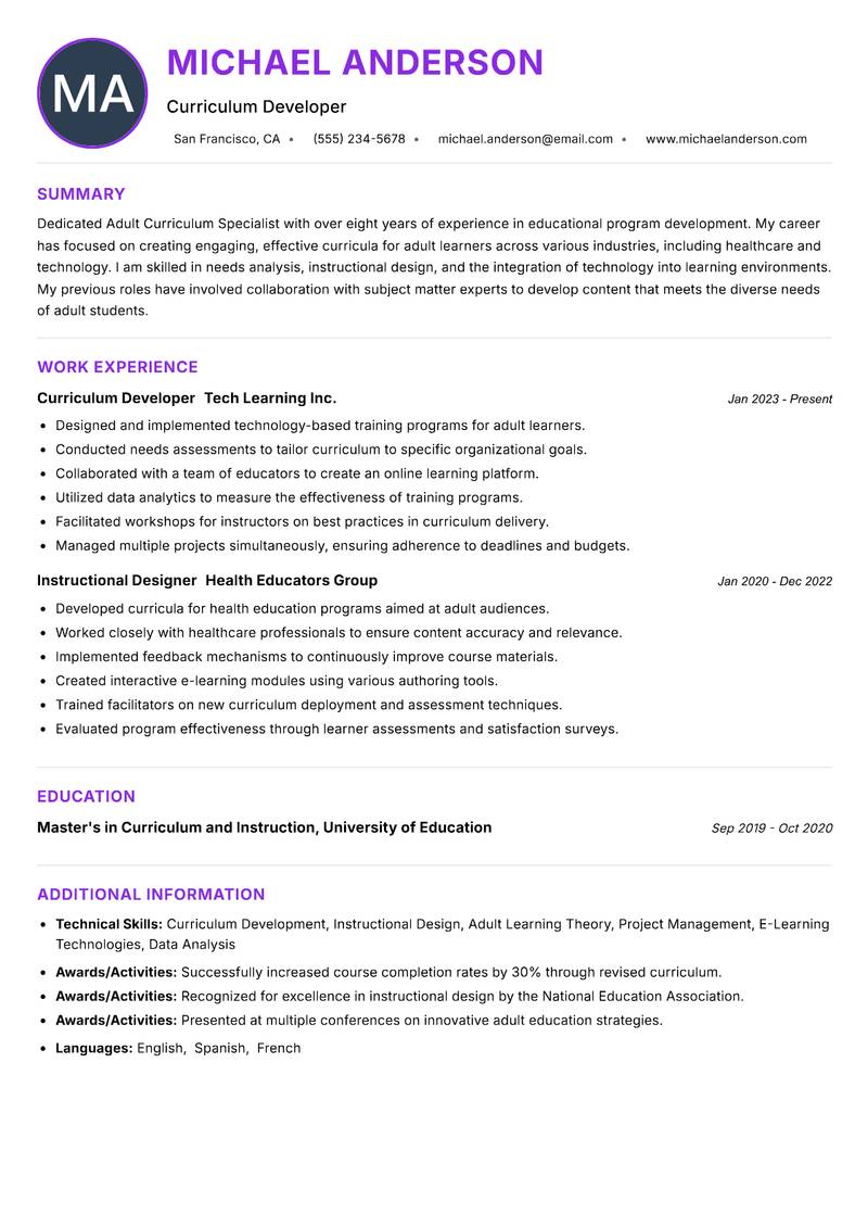 Adult Curriculum Specialist resume example — ATS-friendly template