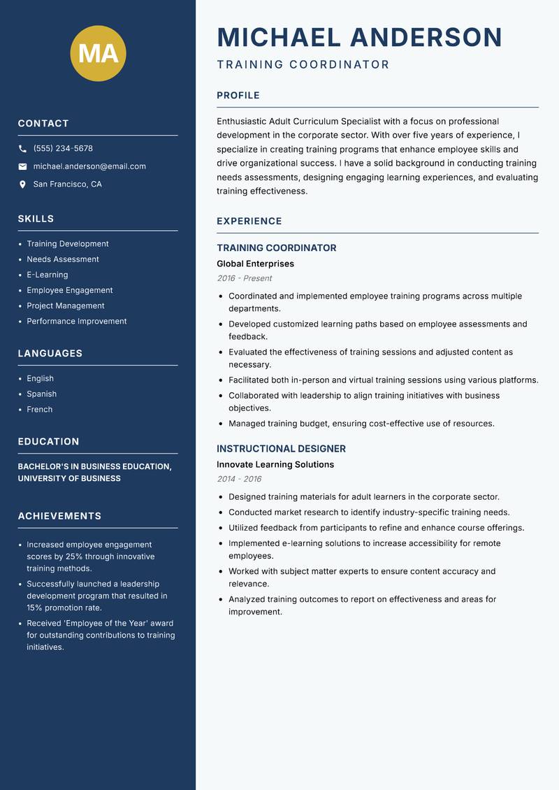 Adult Curriculum Specialist resume template — Classic Clean
