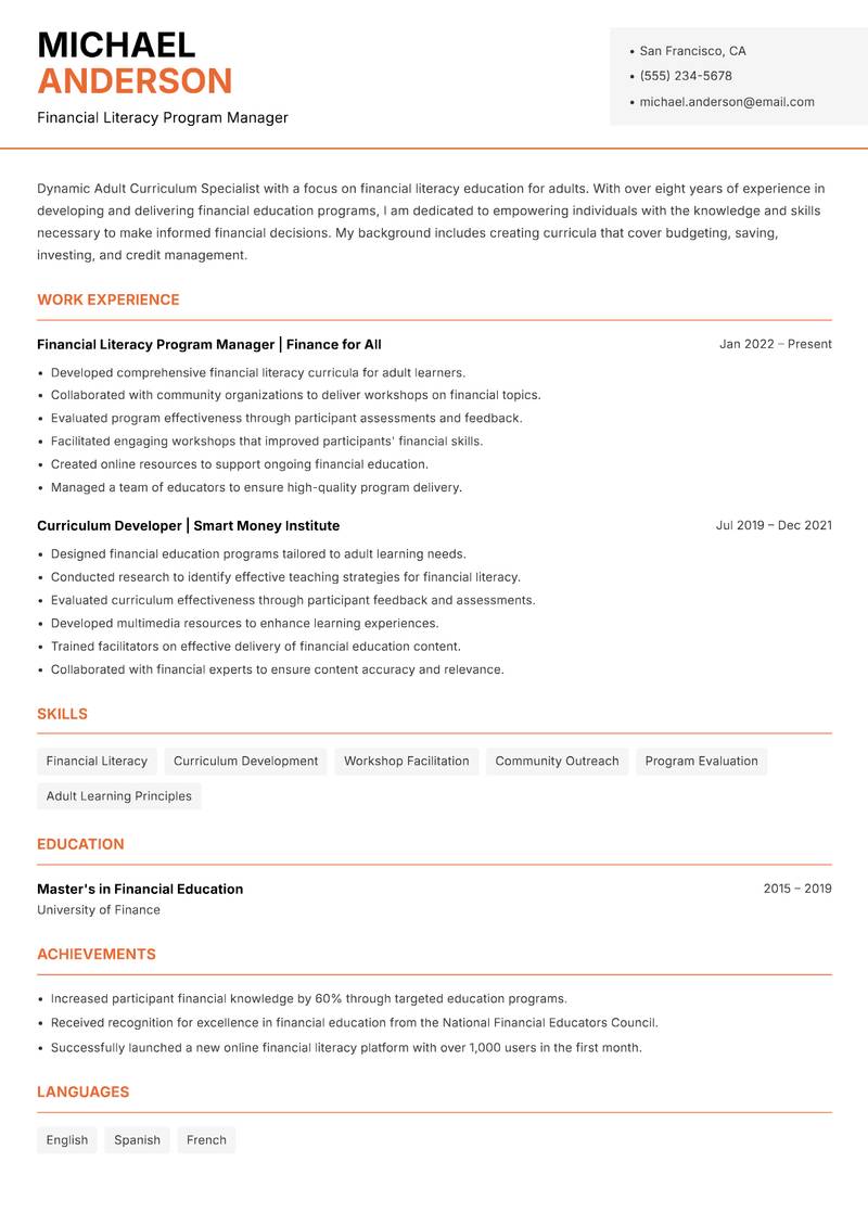 Adult Curriculum Specialist resume template — Modern Professional