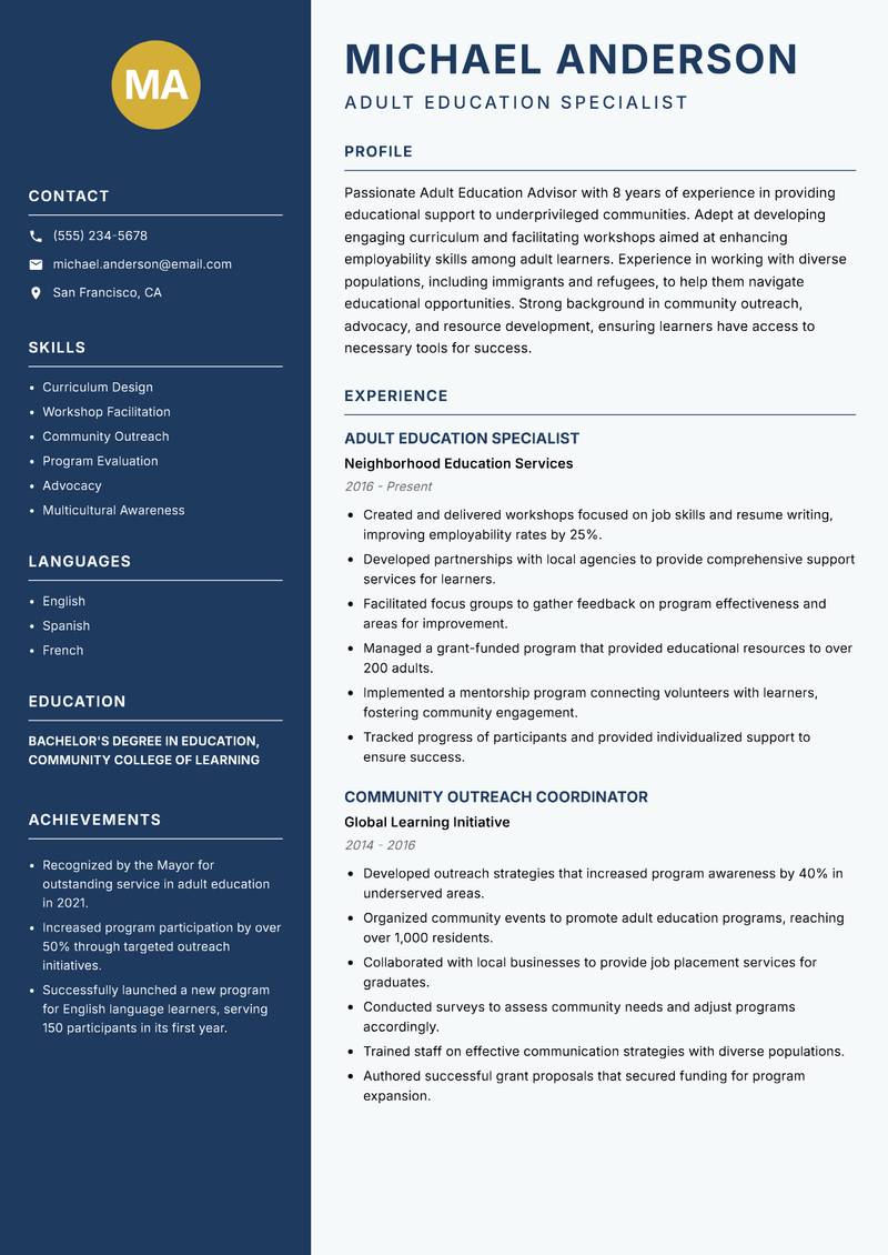 Adult Education Advisor resume template — Classic Clean