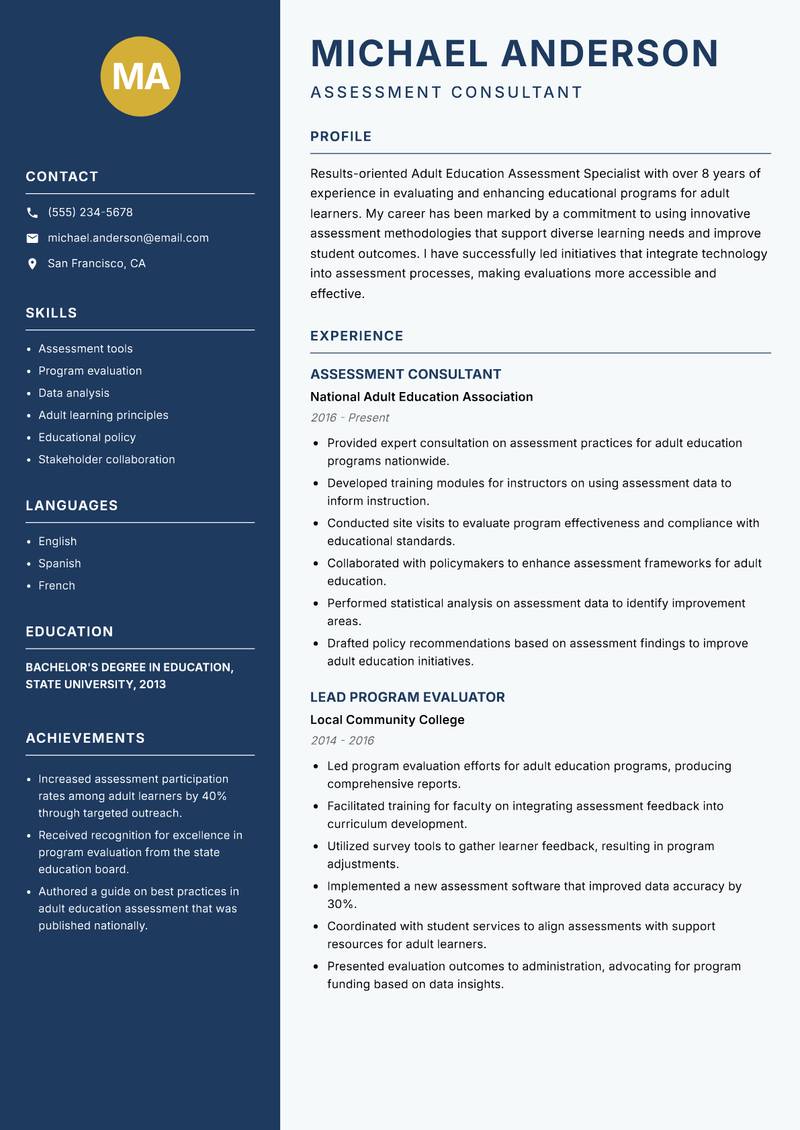 Adult Education Assessment Specialist resume template — Classic Clean