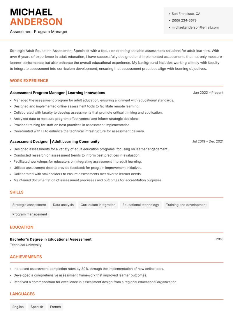 Adult Education Assessment Specialist resume template — Modern Professional