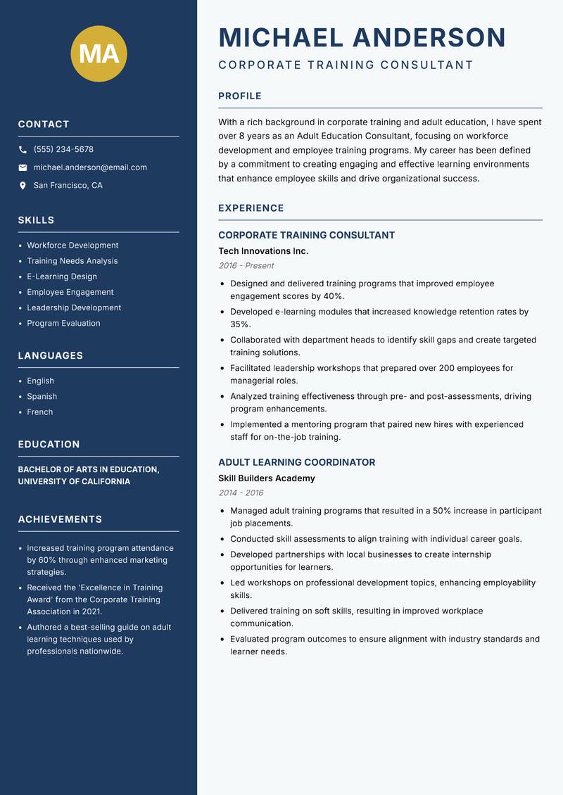 Adult Education Consultant resume template — Classic Clean