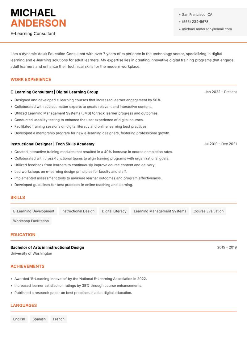 Adult Education Consultant resume template — Modern Professional