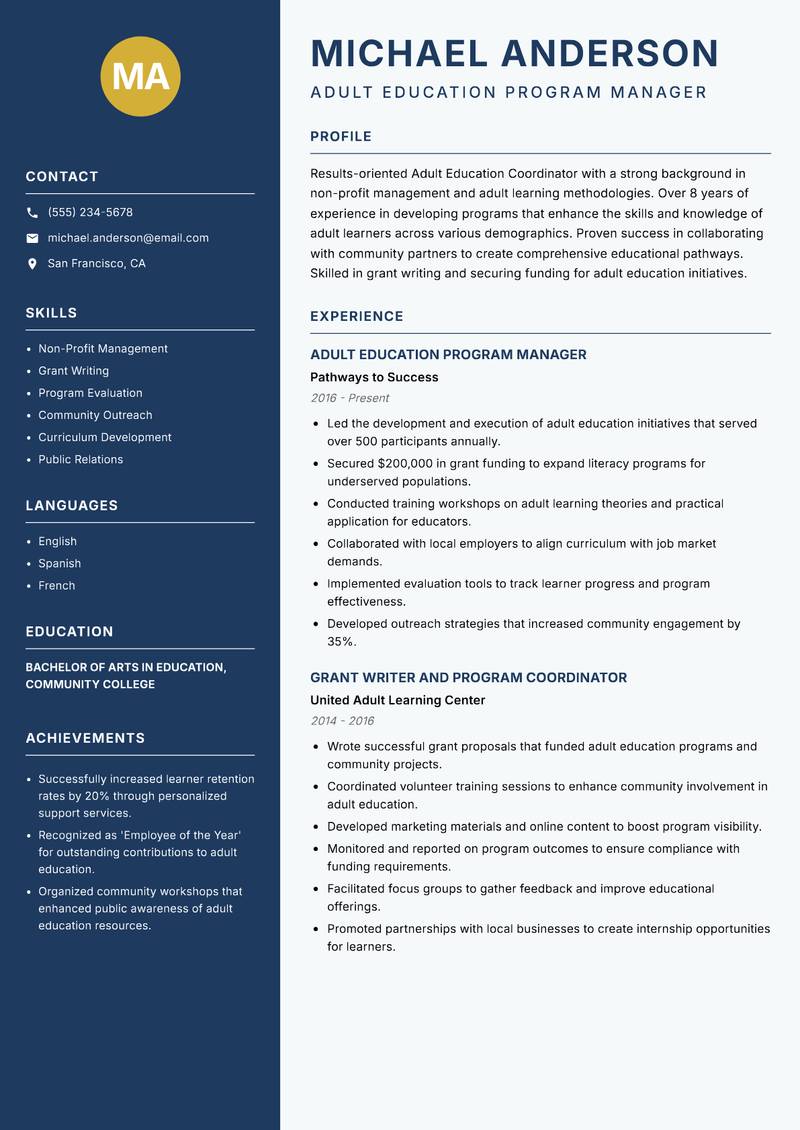 Adult Education Coordinator resume template — Classic Clean