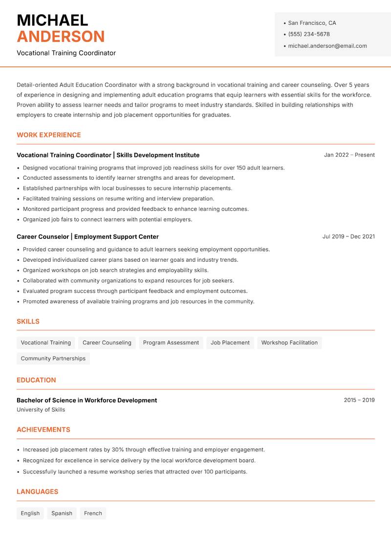 Adult Education Coordinator resume template — Modern Professional