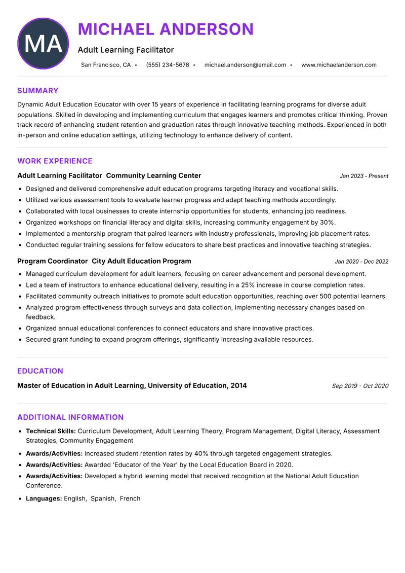 Adult Education Educator resume example — ATS-friendly template