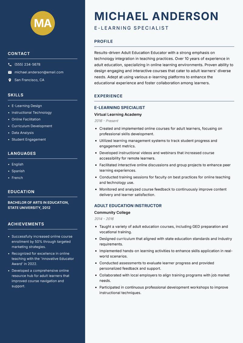 Adult Education Educator resume template — Classic Clean