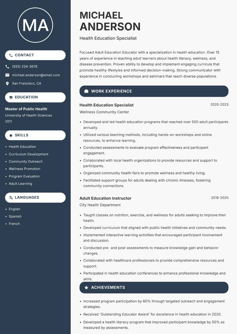 Adult Education Educator resume template — Compact