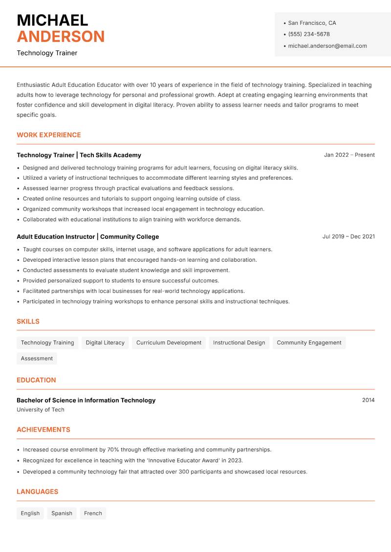 Adult Education Educator resume template — Modern Professional