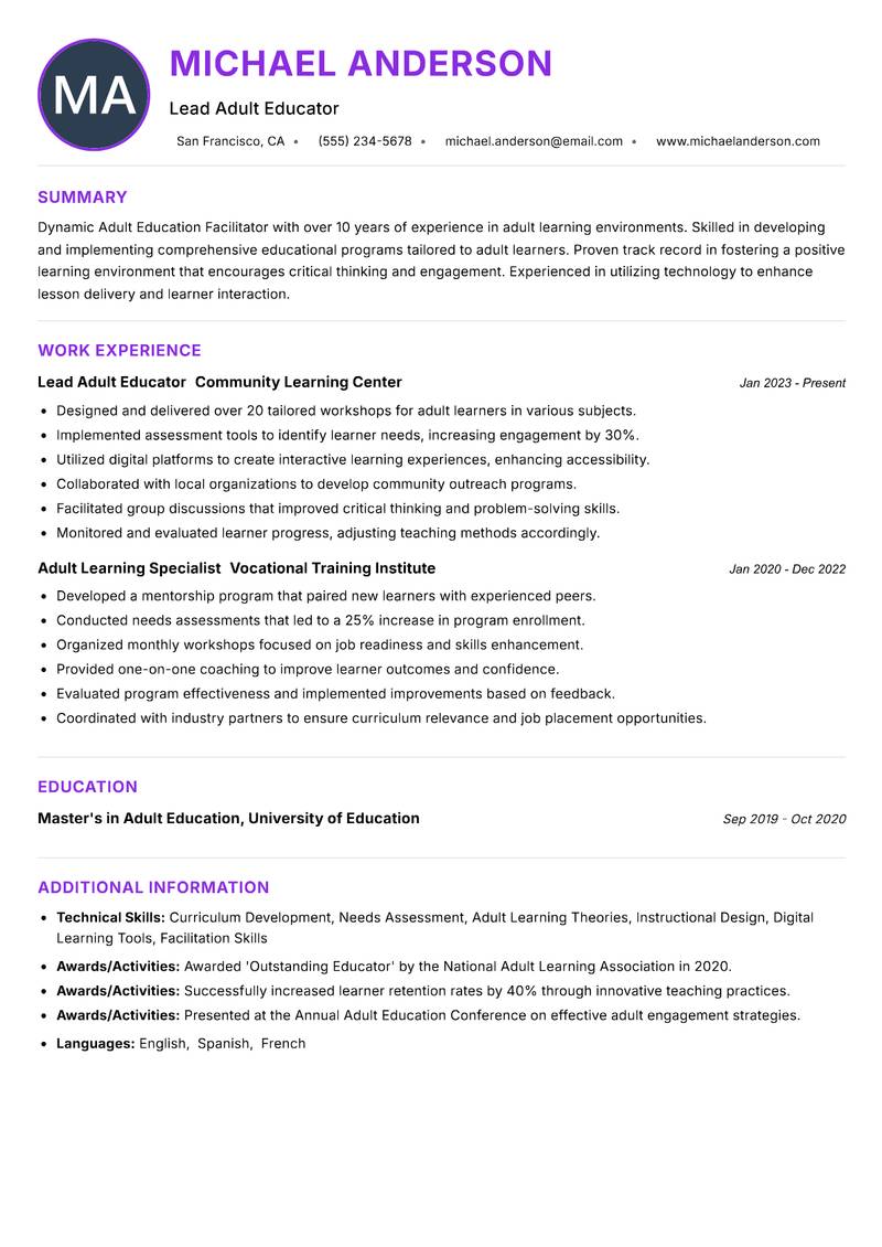 Adult Education Facilitator resume example — ATS-friendly template