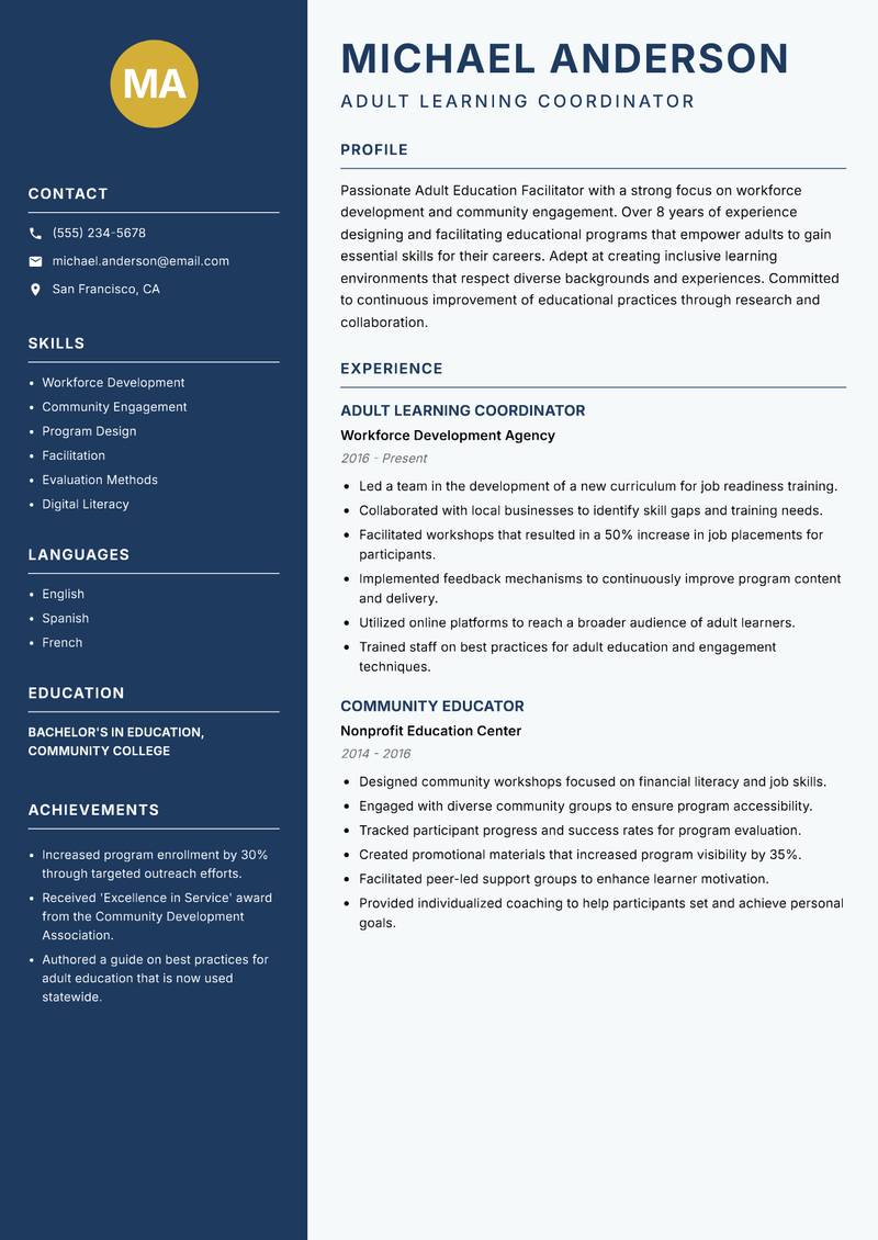 Adult Education Facilitator resume template — Classic Clean