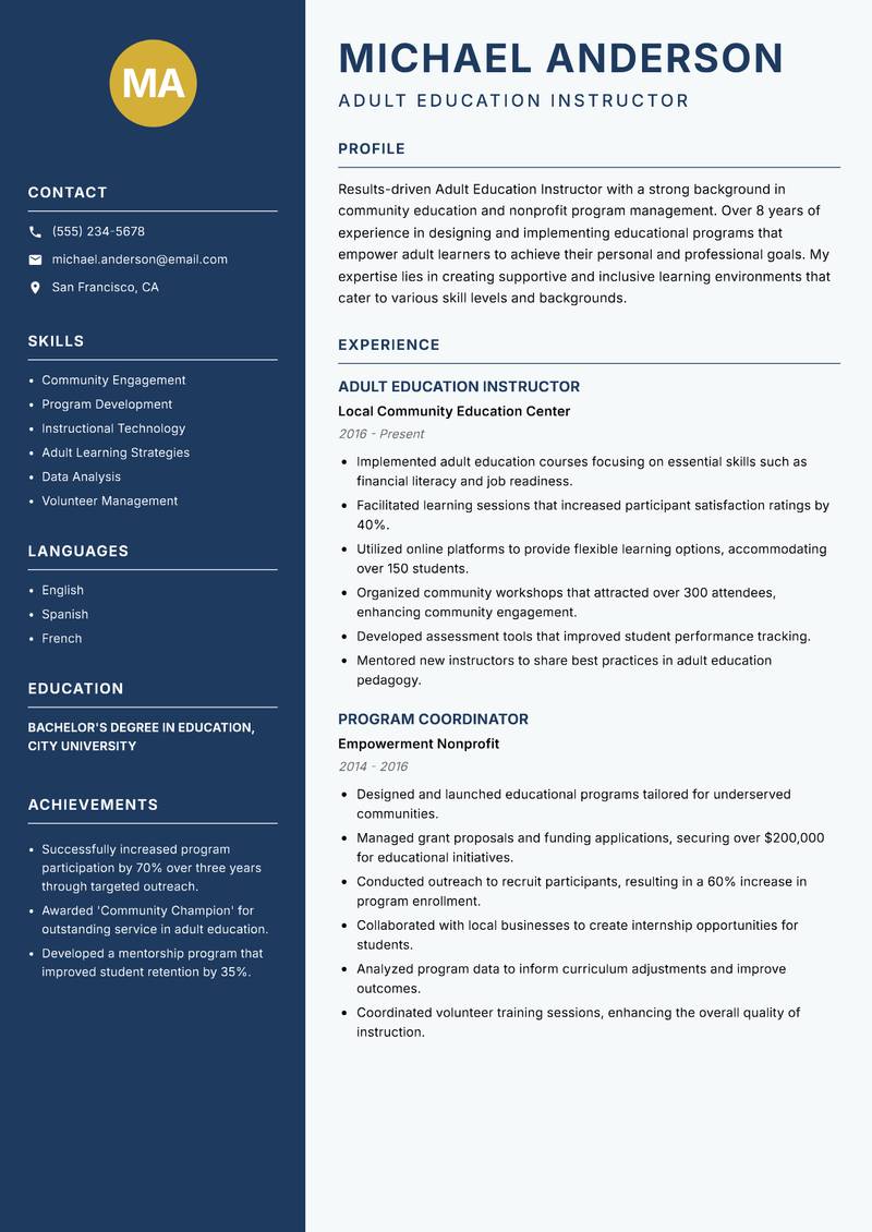 Adult Education Instructor resume template — Classic Clean