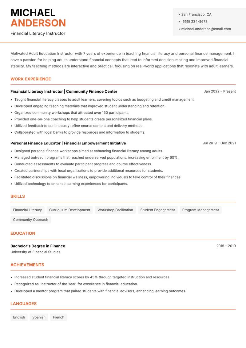 Adult Education Instructor resume template — Modern Professional