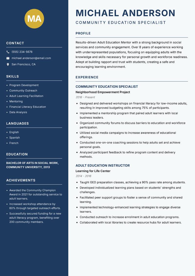 Adult Education Mentor resume template — Classic Clean