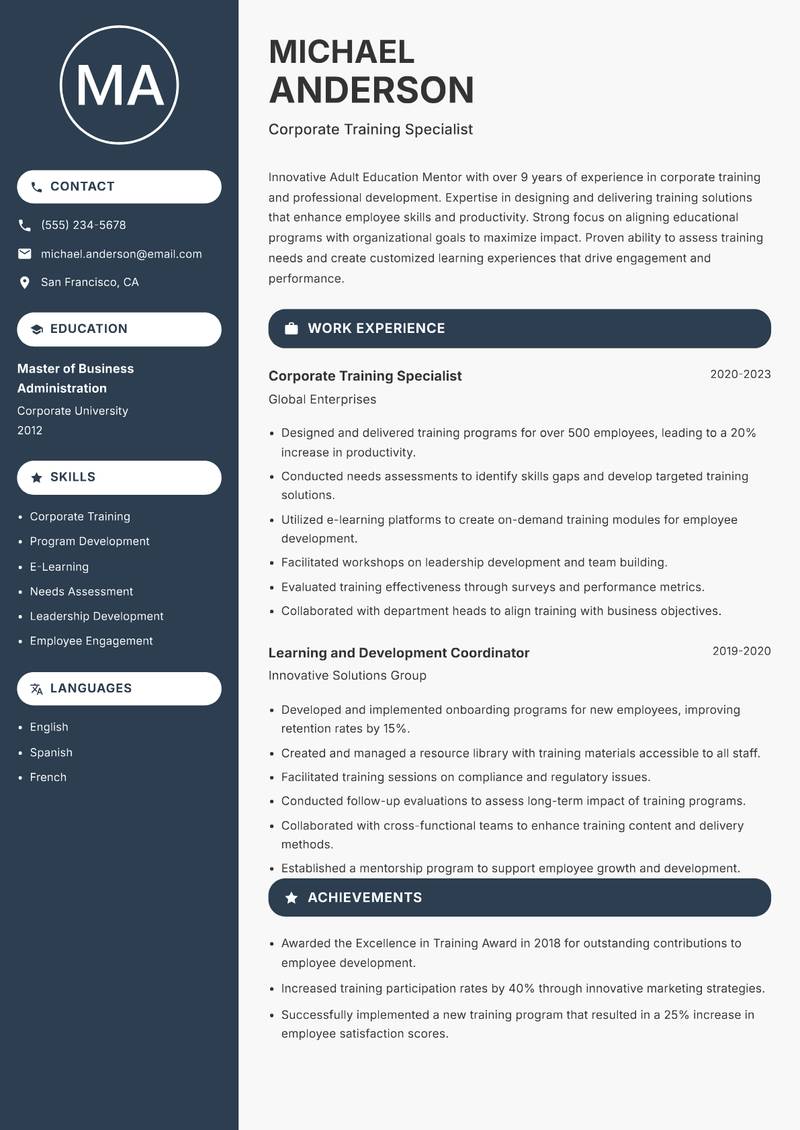 Adult Education Mentor resume template — Compact