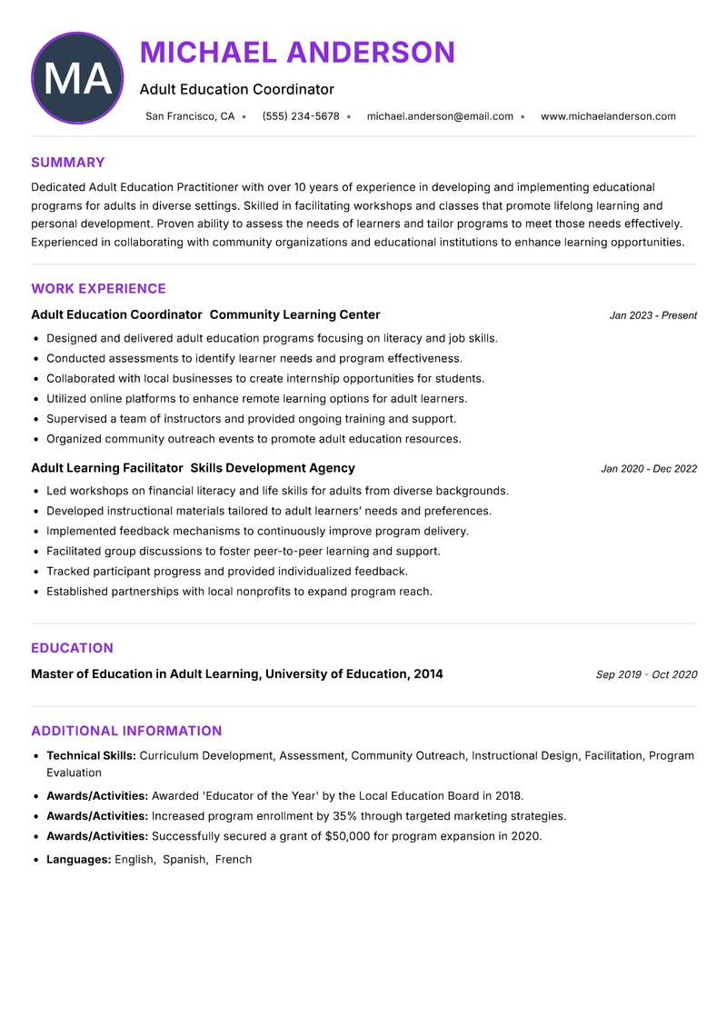 Adult Education Practitioner resume example — ATS-friendly template