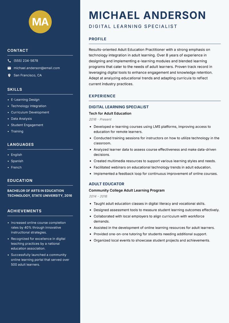 Adult Education Practitioner resume template — Classic Clean