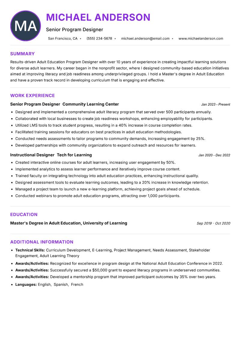 Adult Education Program Designer resume example — ATS-friendly template