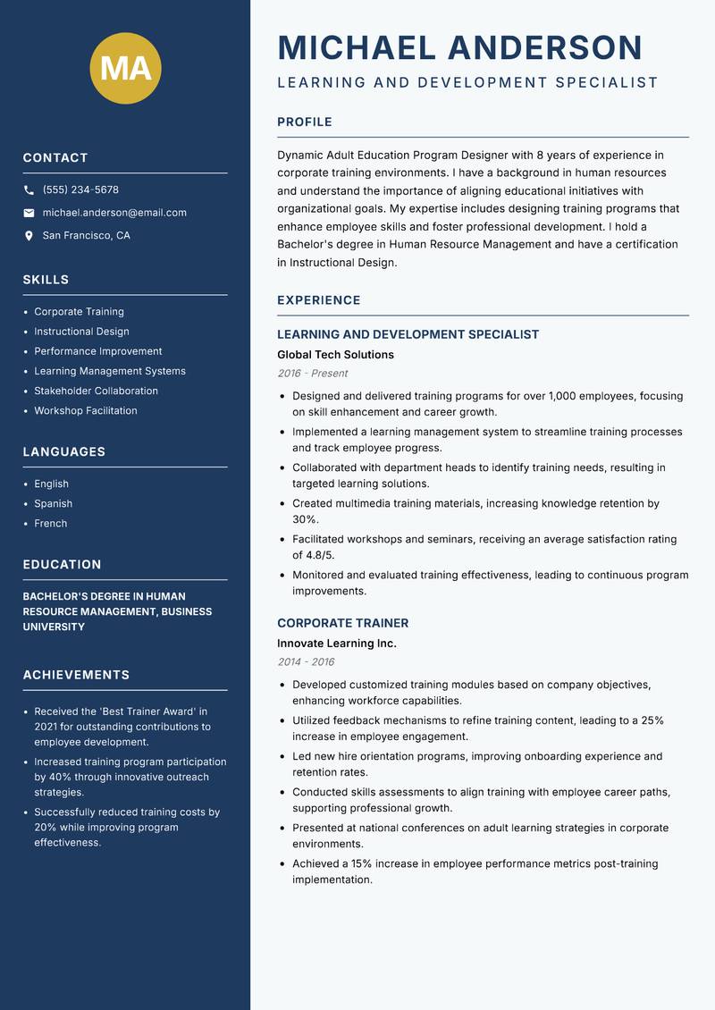 Adult Education Program Designer resume template — Classic Clean