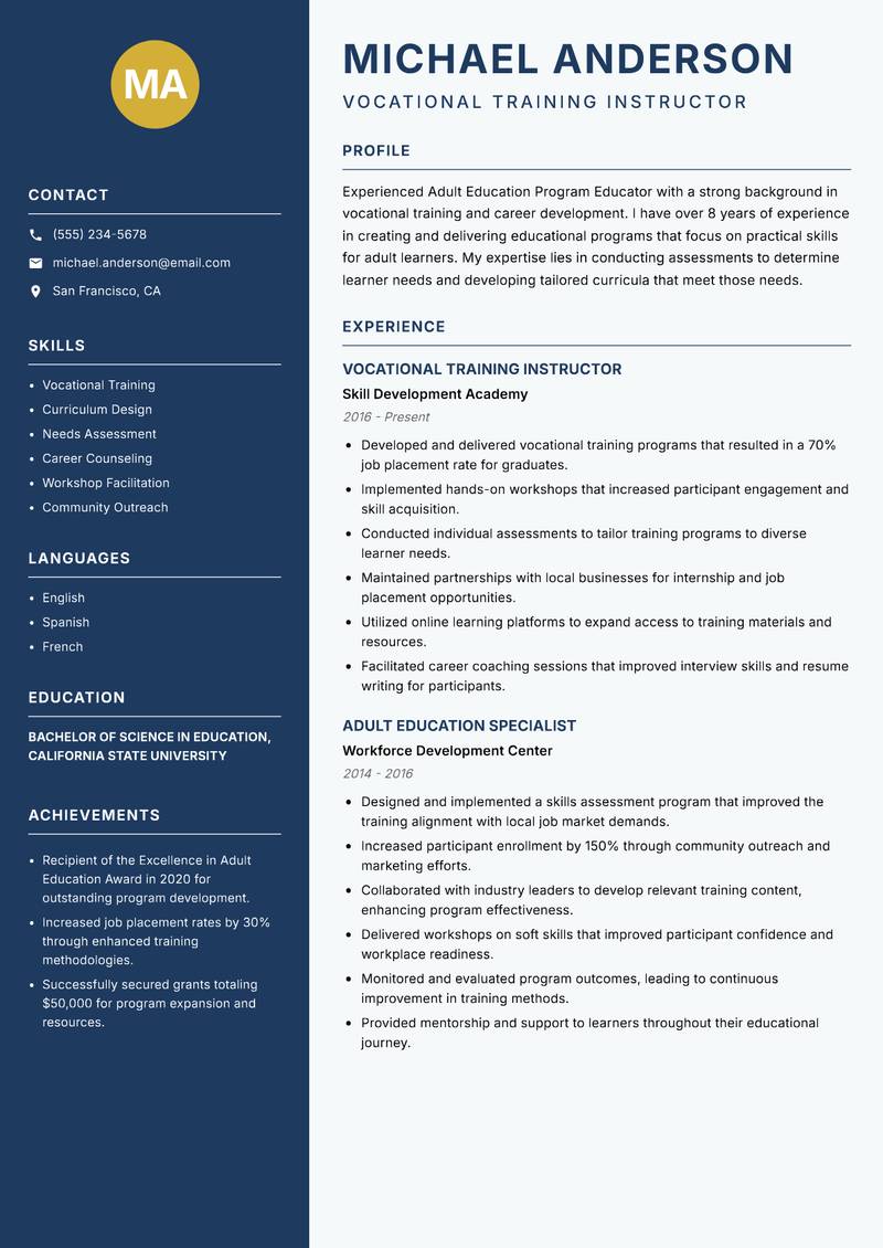 Adult Education Program Educator resume template — Classic Clean