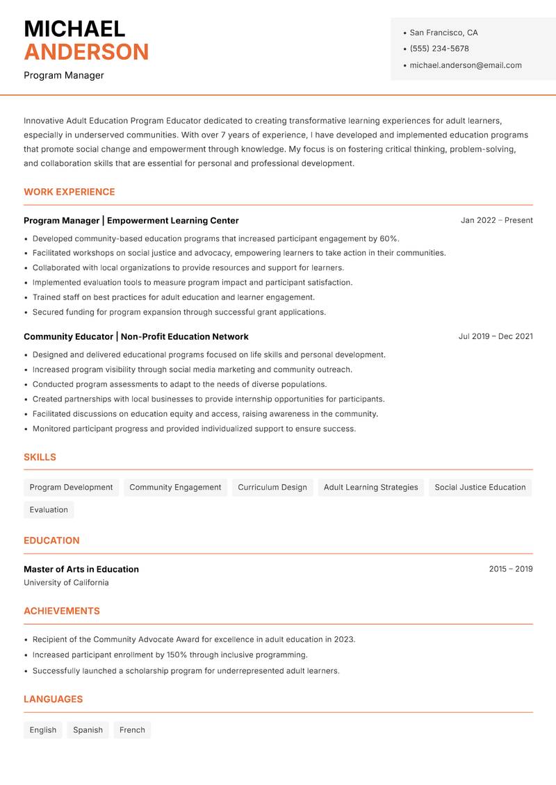 Adult Education Program Educator resume template — Modern Professional