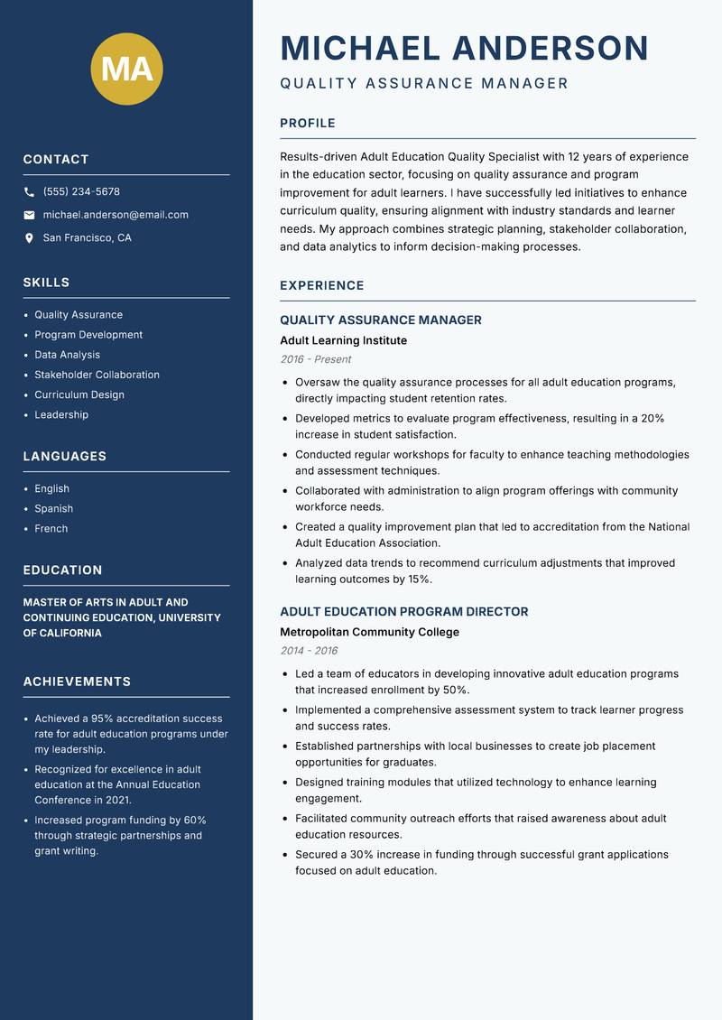 Adult Education Quality Specialist resume template — Classic Clean