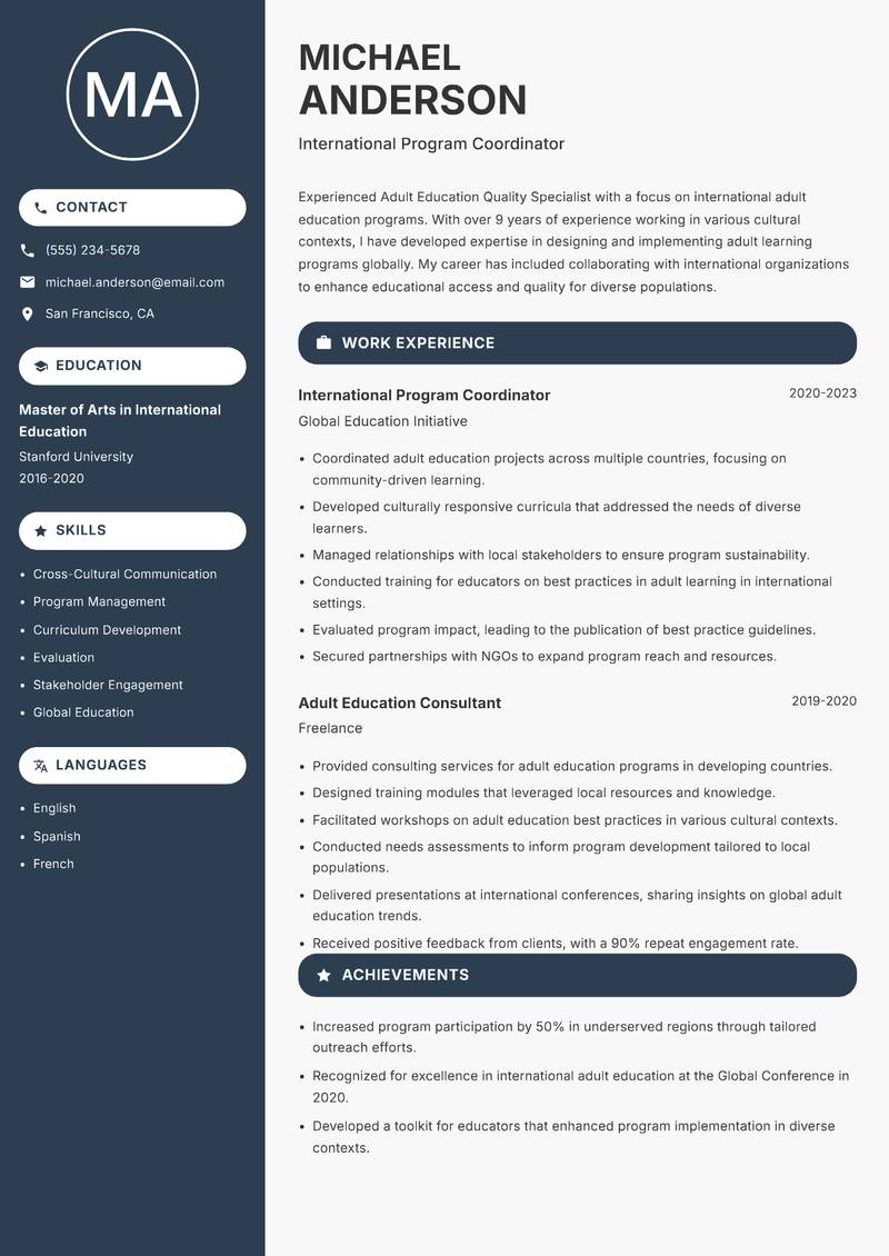Adult Education Quality Specialist resume template — Compact