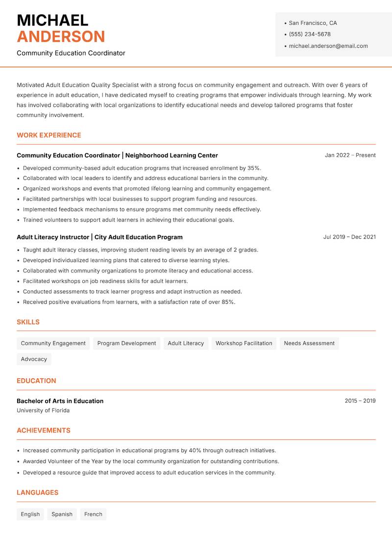 Adult Education Quality Specialist resume template — Modern Professional