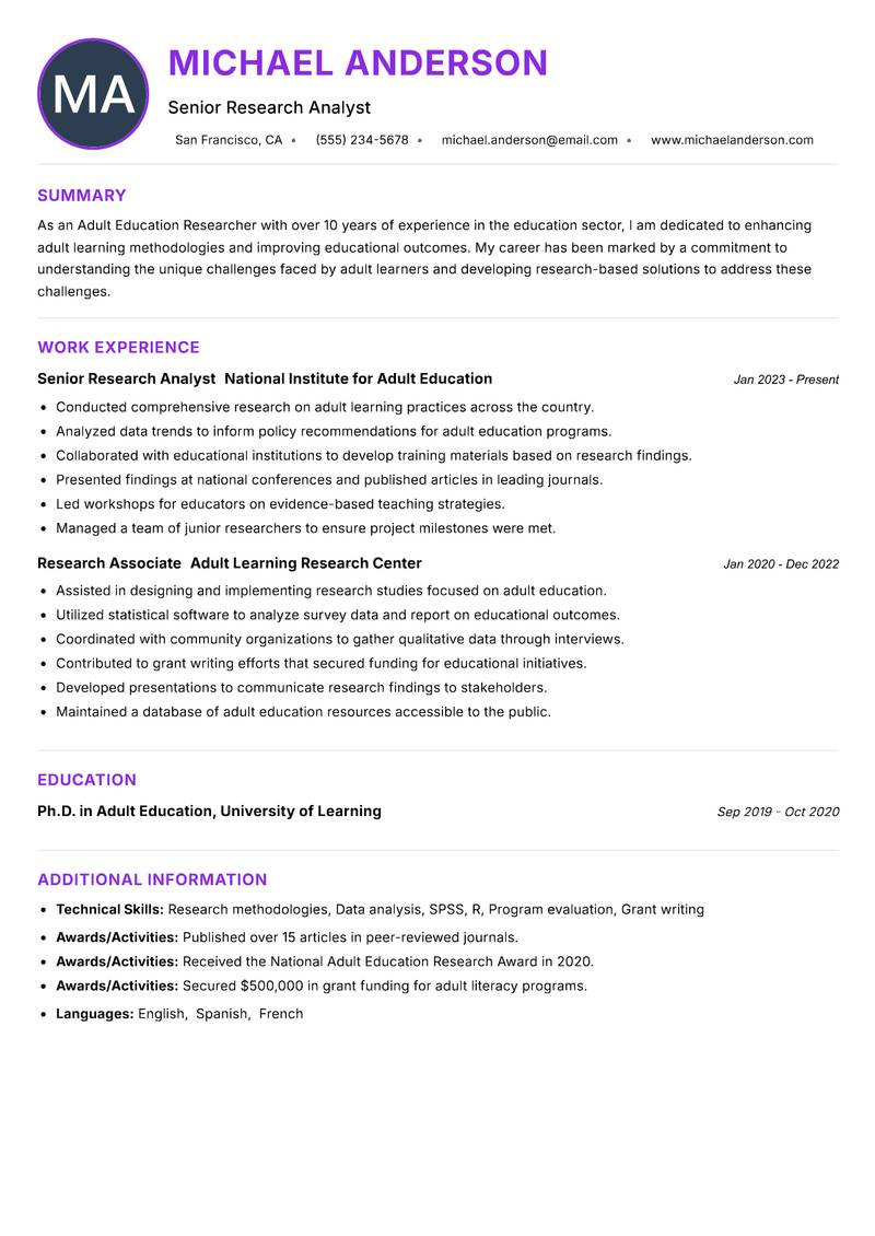 Adult Education Researcher resume example — ATS-friendly template