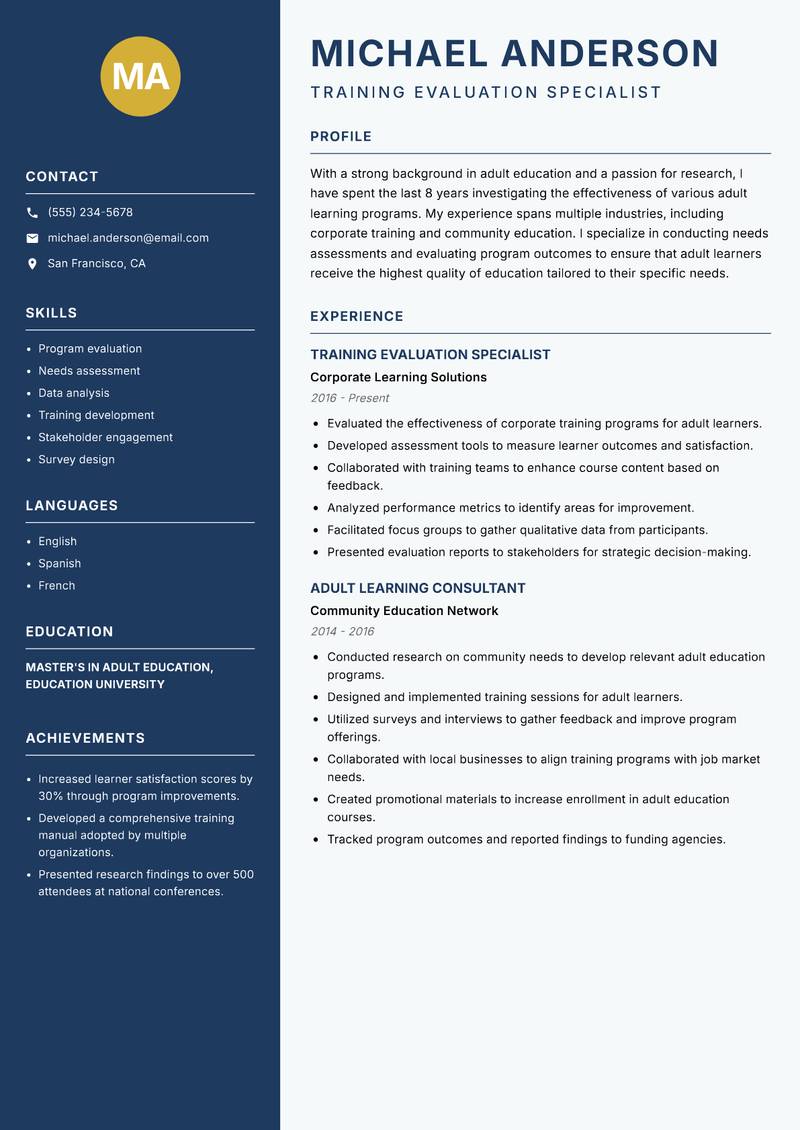 Adult Education Researcher resume template — Classic Clean