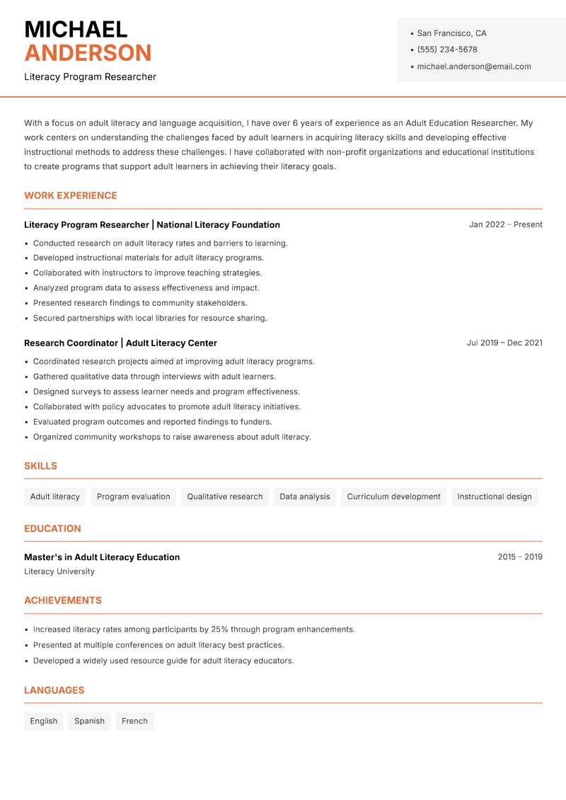 Adult Education Researcher resume template — Modern Professional