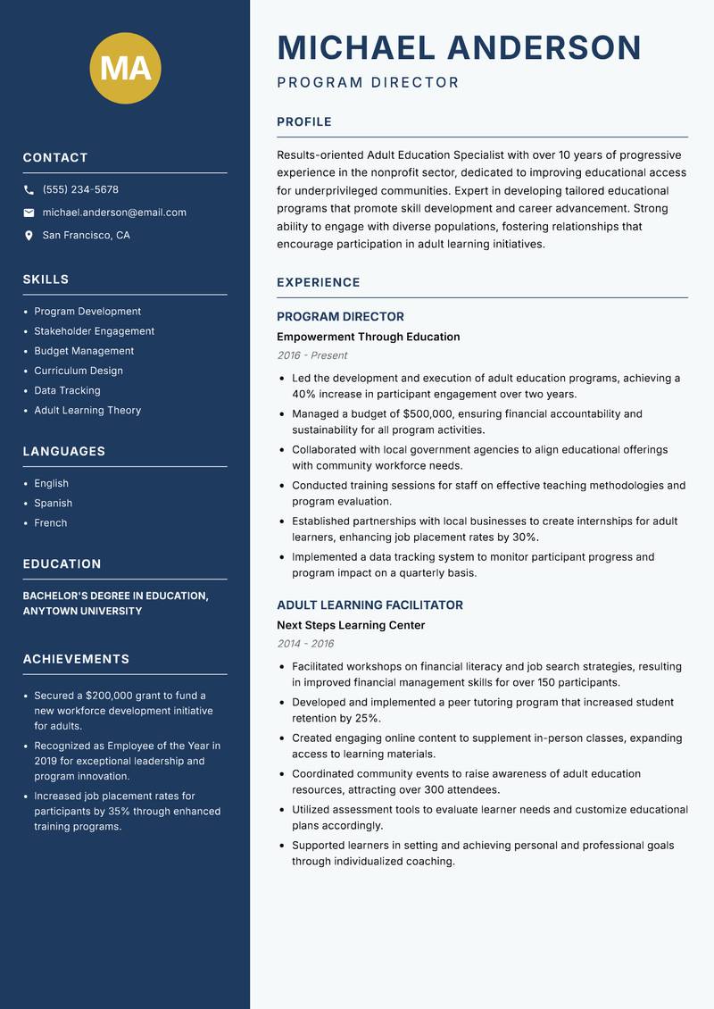 Adult Education Specialist resume template — Classic Clean