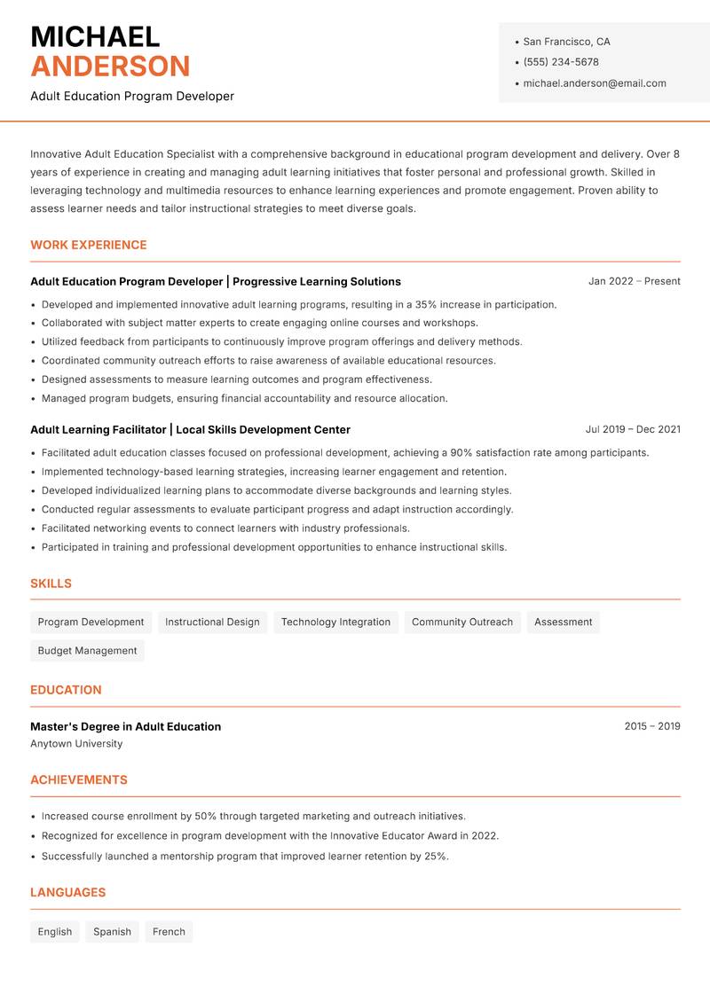 Adult Education Specialist resume template — Modern Professional