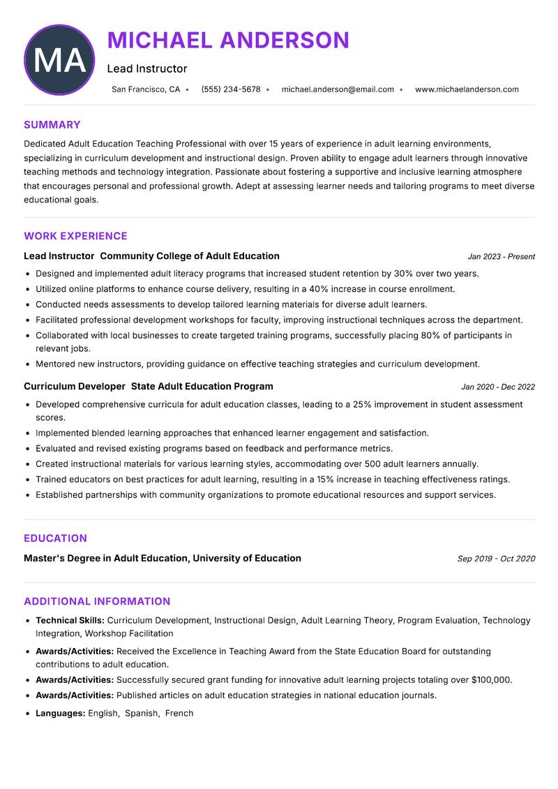Adult Education Teaching Professional resume example — ATS-friendly template