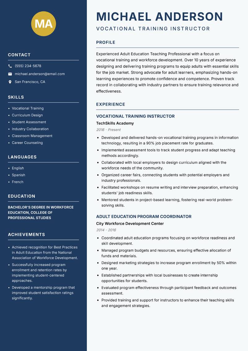Adult Education Teaching Professional resume template — Classic Clean