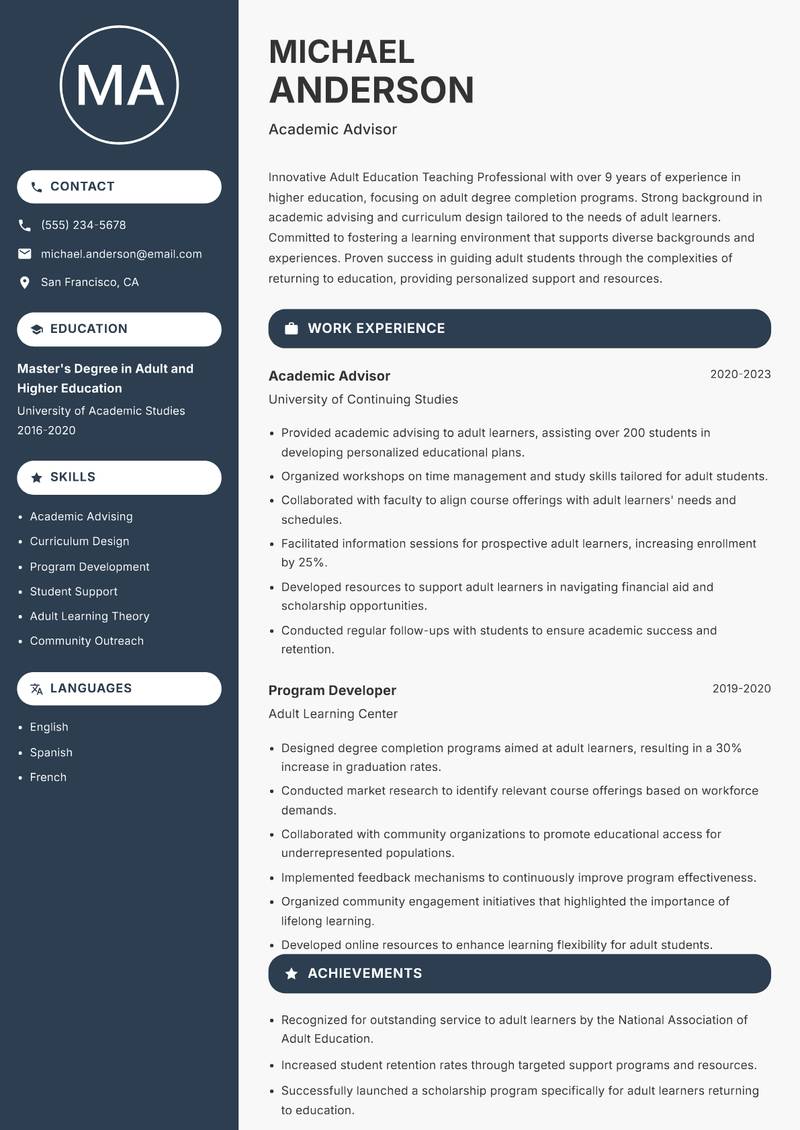 Adult Education Teaching Professional resume template — Compact