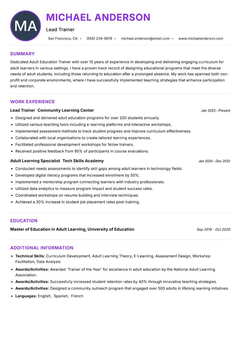 Adult Education Trainer resume example — ATS-friendly template