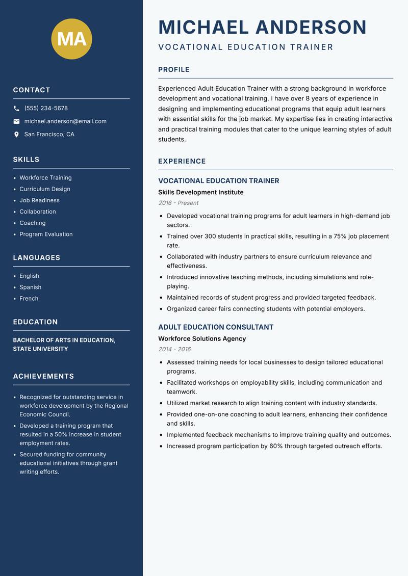 Adult Education Trainer resume template — Classic Clean