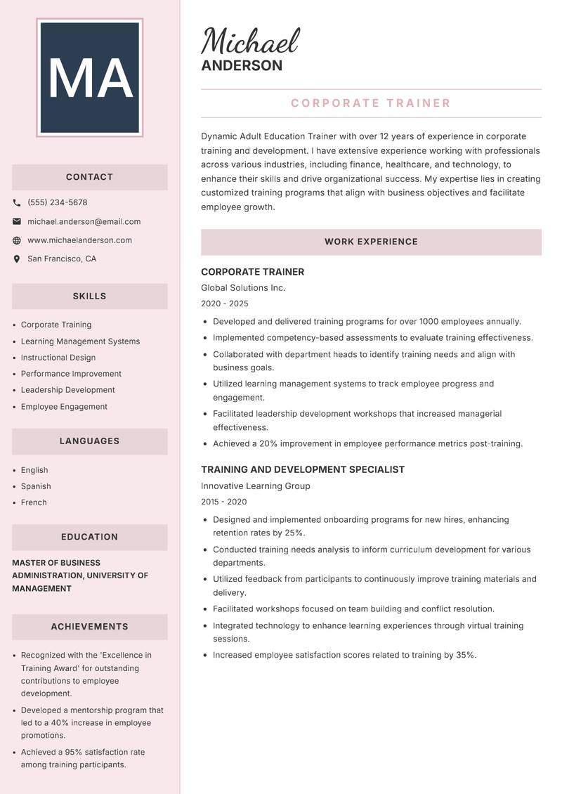 Adult Education Trainer resume template — Executive