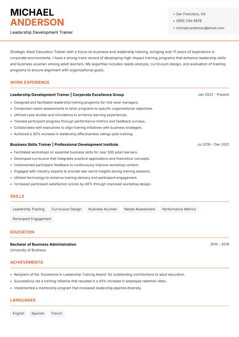 Adult Education Trainer resume template — Modern Professional